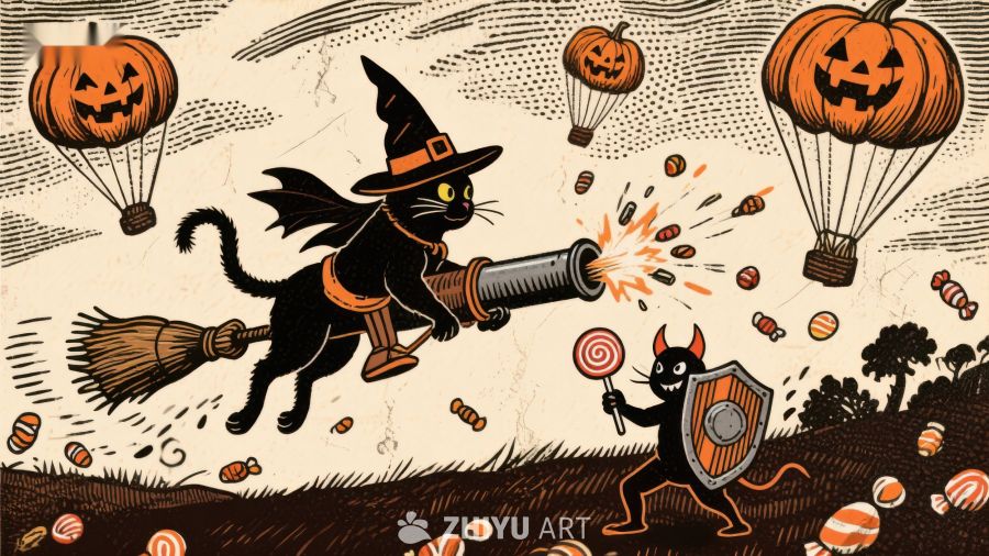 万圣节黑猫巫师与糖果战斗