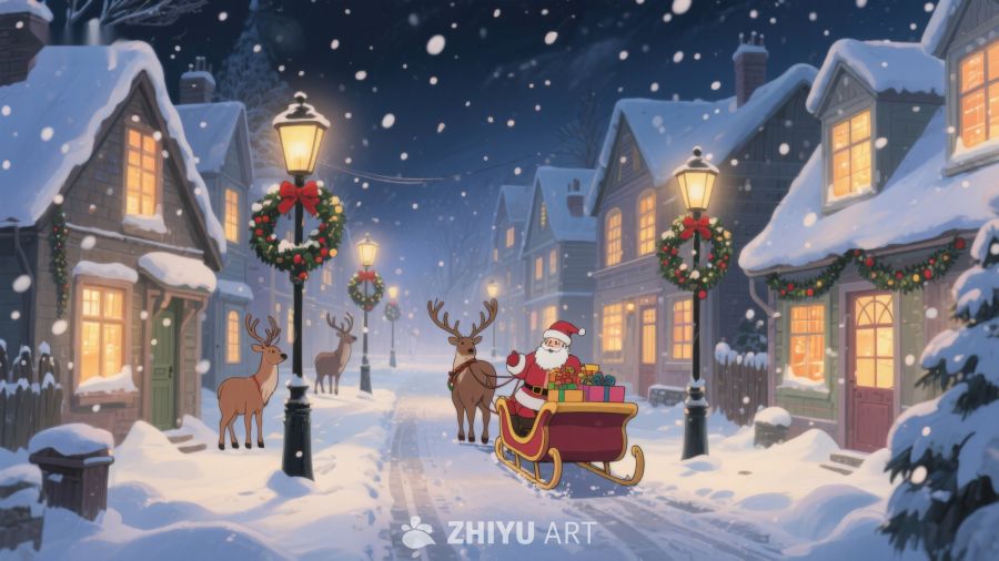 圣诞夜雪景中的驯鹿与雪橇 236