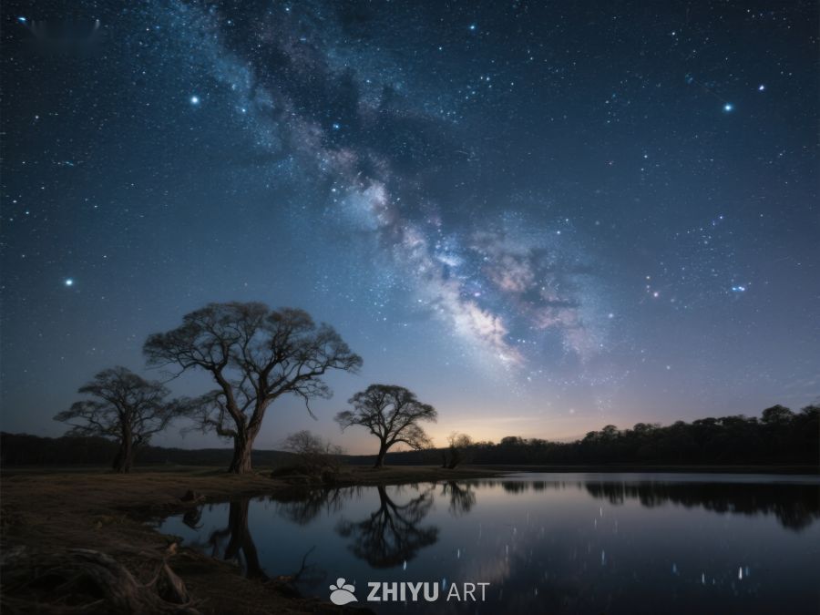 银河映照湖面，夜空下的静谧树影 483