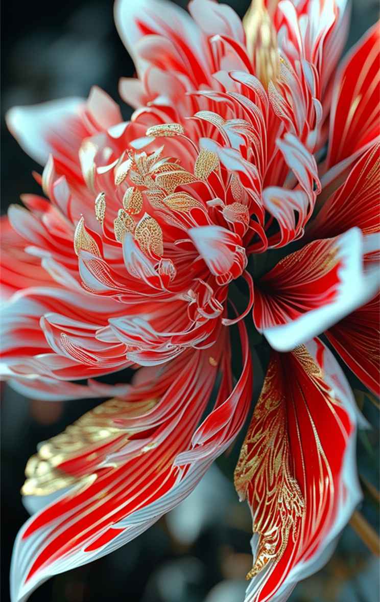 一朵红色艺术花，花瓣上有着精致的金色纹路 5