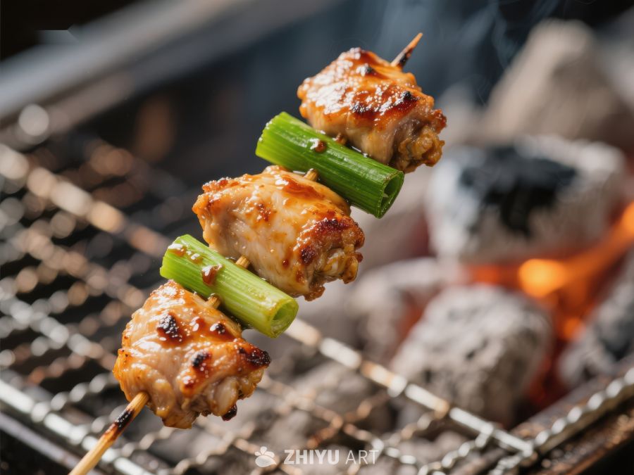 烤肉串上的鸡肉与青葱 116