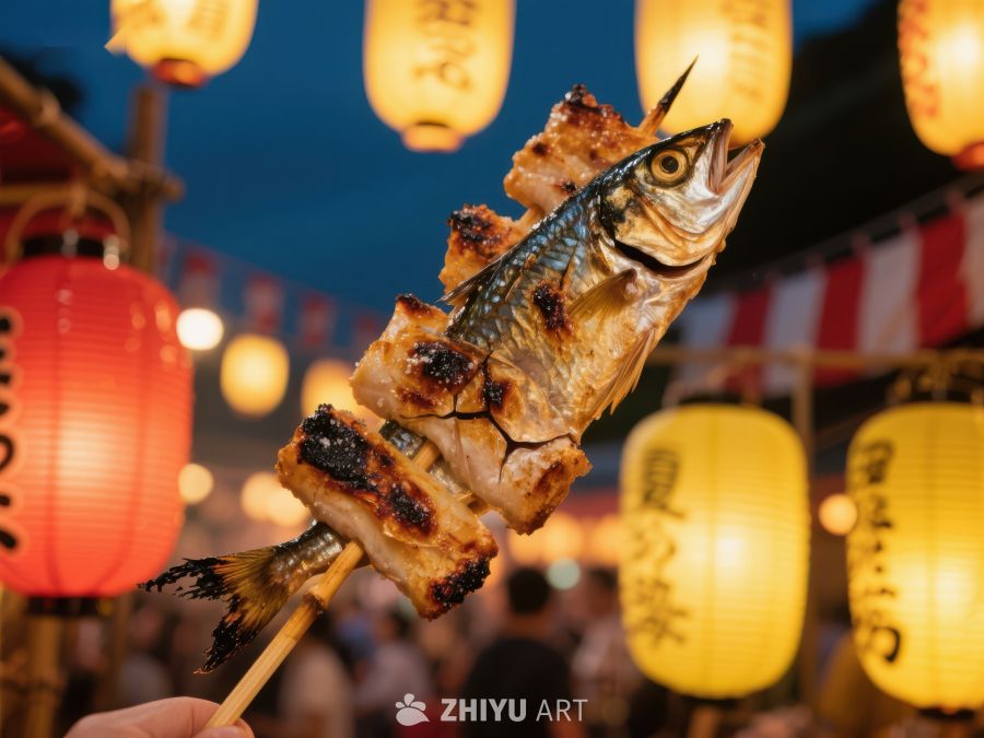 烤鱼串在灯笼映衬下的夜市景象 120