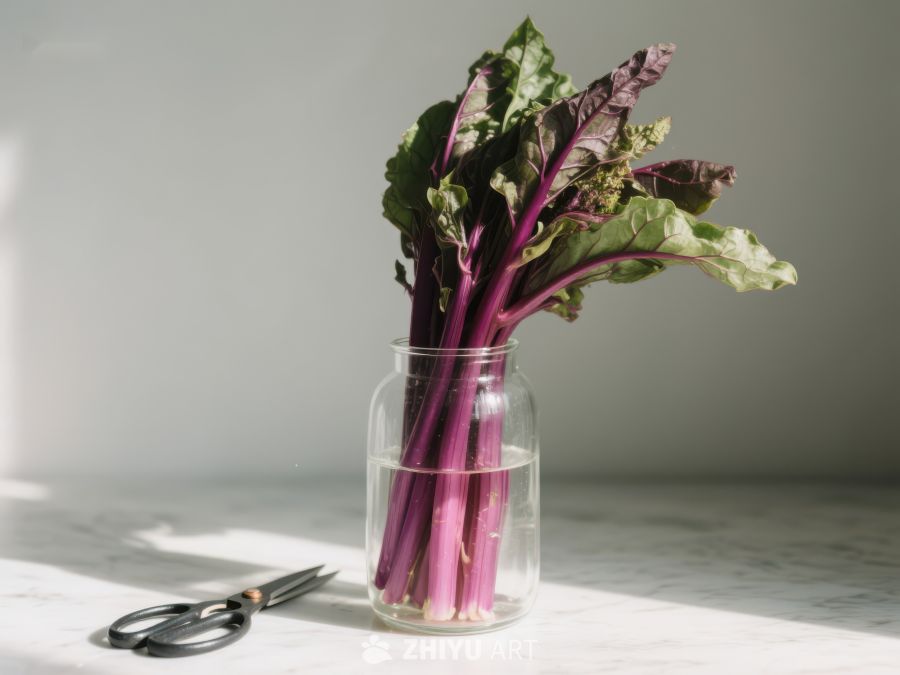 紫色茎叶蔬菜置于玻璃瓶中 574