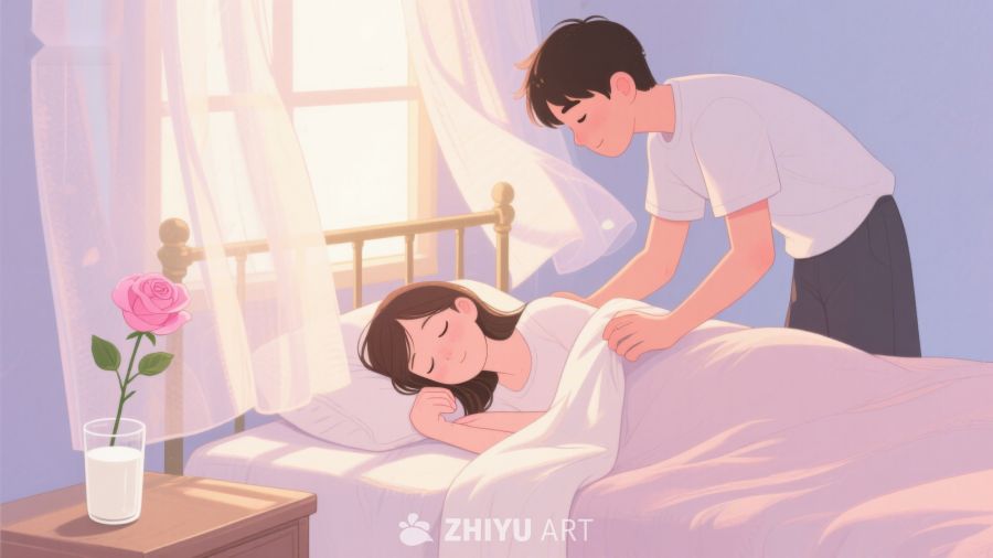 温馨病房：男子轻抚病床上的女子 361