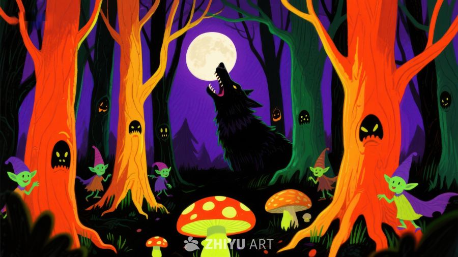 月夜森林中的狼嚎与精灵