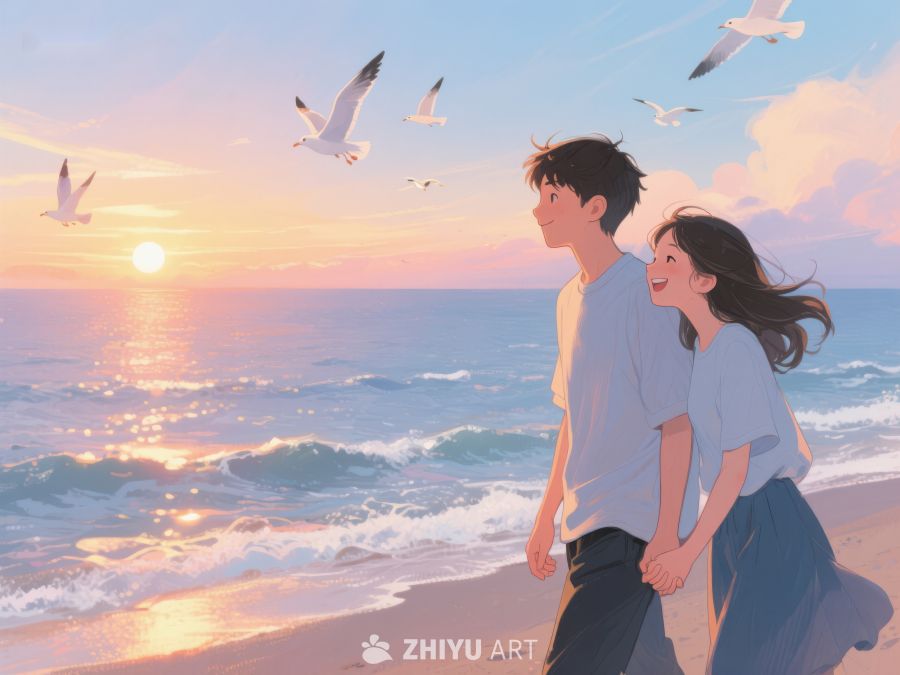 海边日落下的情侣漫步 235