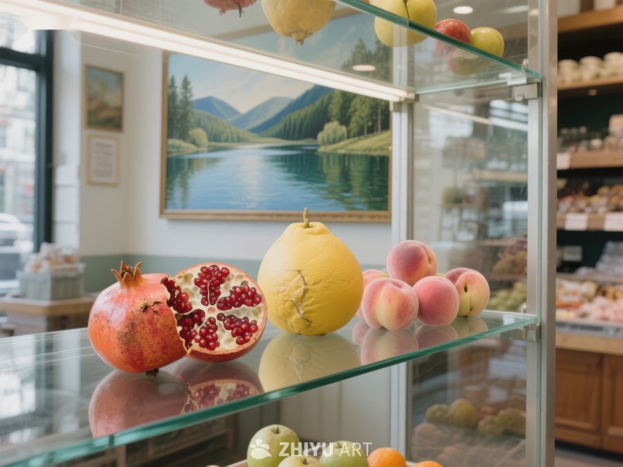 水果展示柜与山水画背景 552