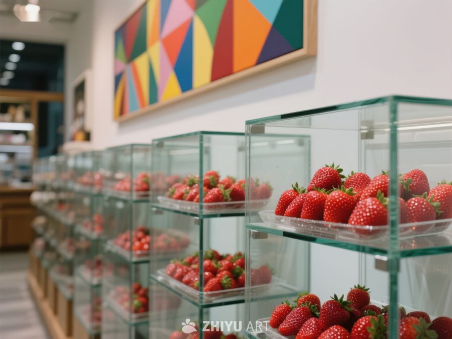 新鲜草莓陈列于透明展示柜中 597