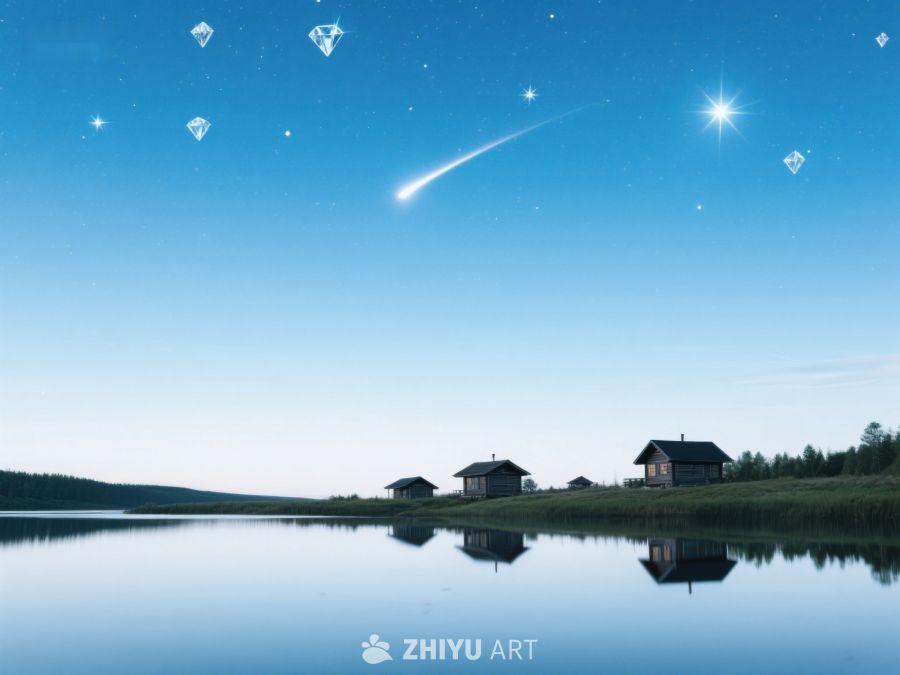 湖畔小屋夜景，流星划过星空 32