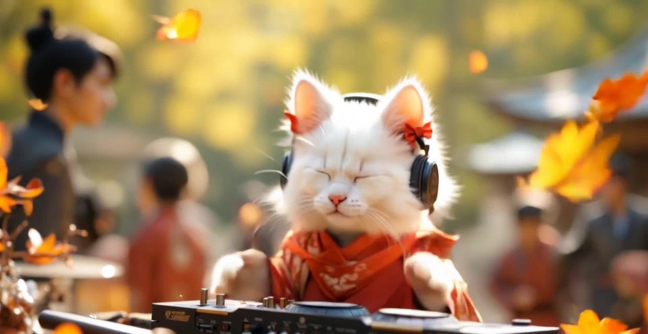 戴着耳机的猫咪DJ在打碟，周围有灯光与人群。