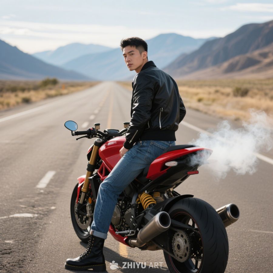 帅气男生骑摩托车、男骑