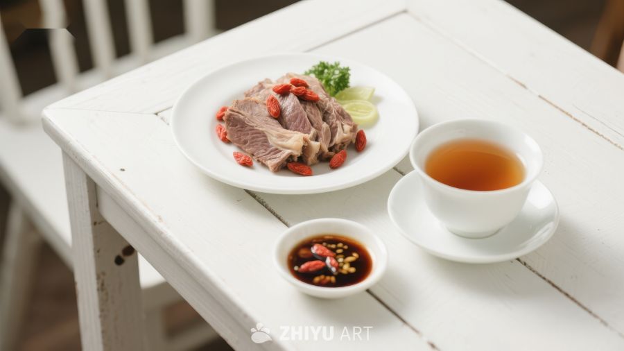 精致餐桌：肉片配茶与调料