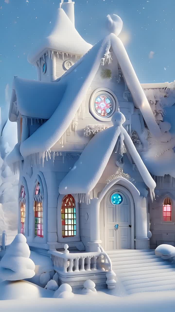 一座白色的建筑被雪覆盖，建筑有彩色玻璃窗户和白色的