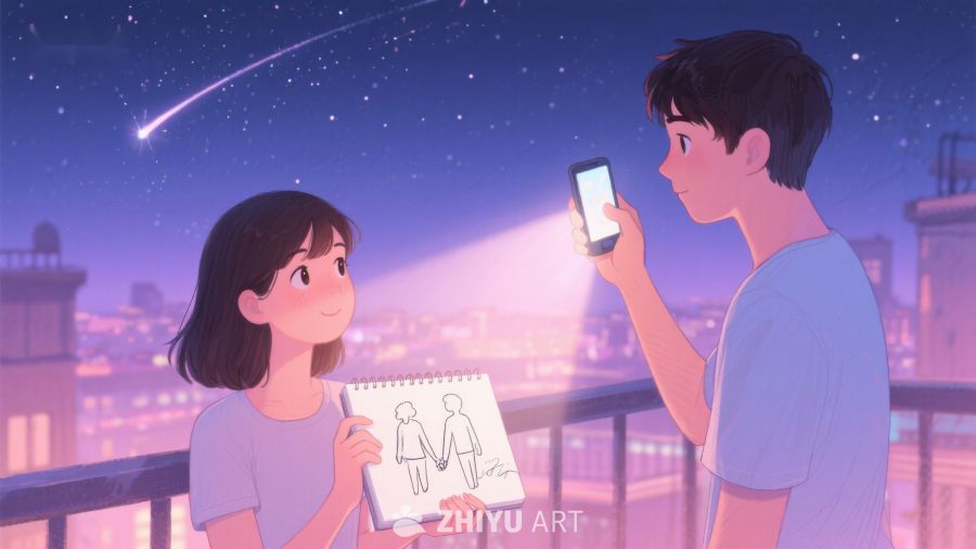 夜空下，少年用手机照亮少女的画作 560
