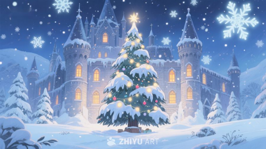 雪夜城堡前的圣诞树 366