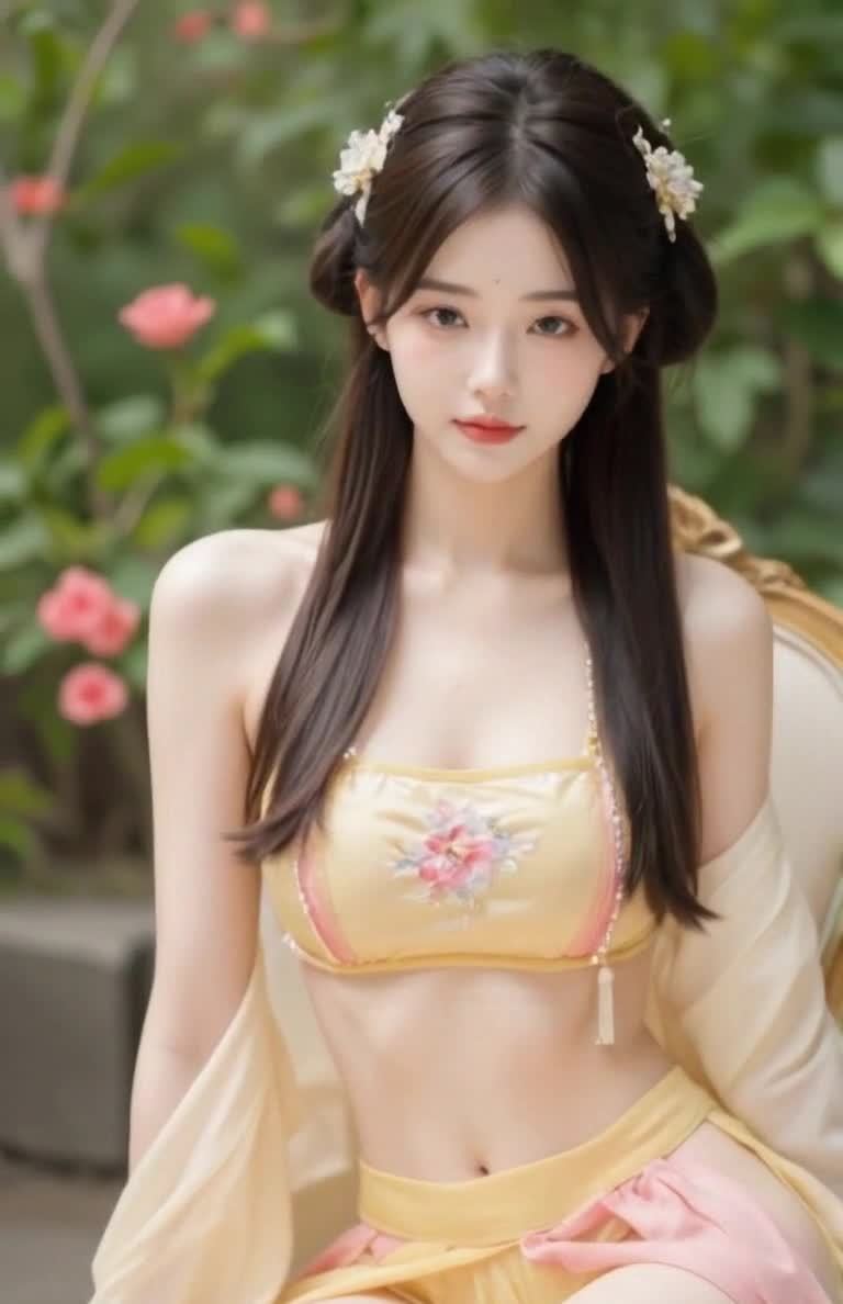 花间美人：着花绣衣裙，头戴小花，静坐赏景