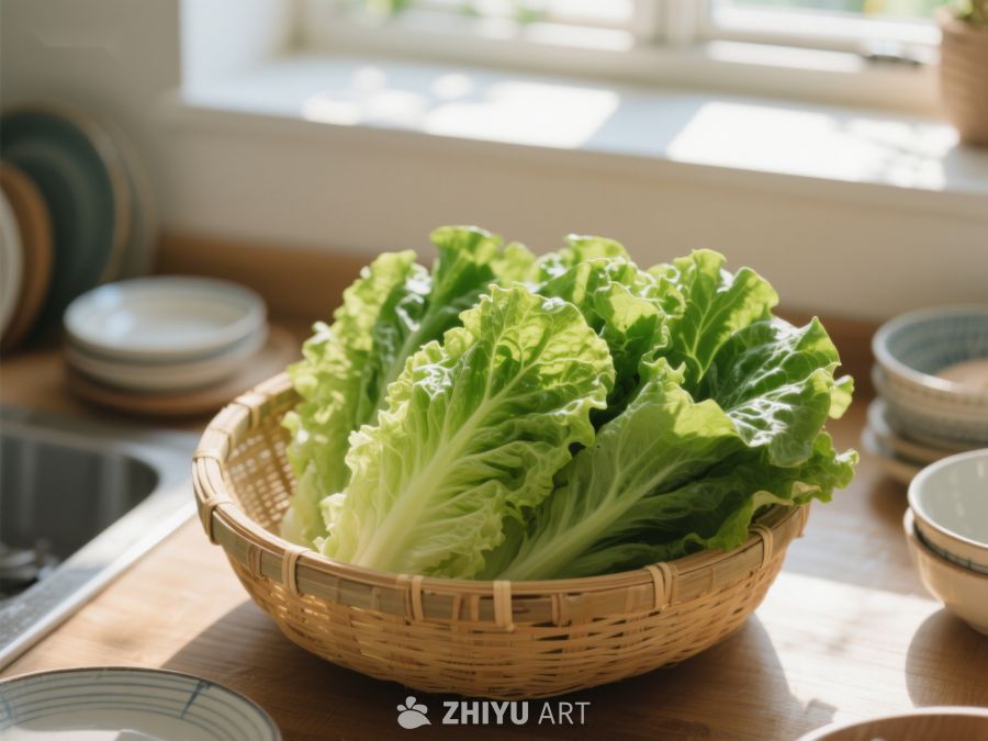 新鲜生菜置于竹篮中，厨房窗边 526