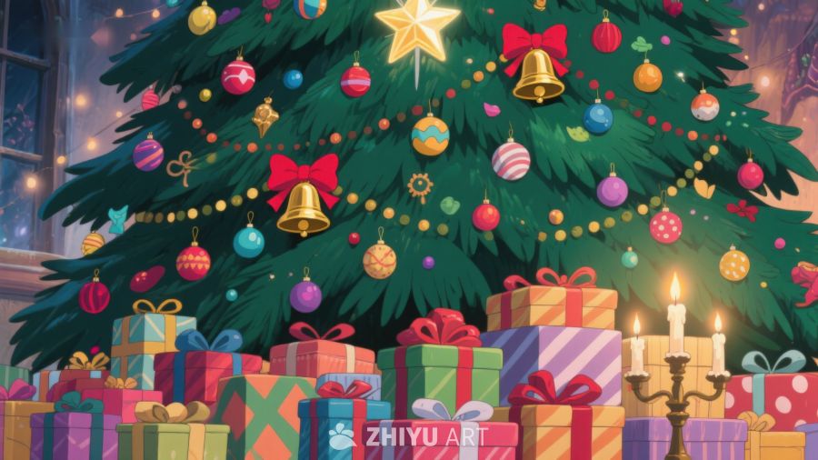 圣诞树下礼物堆叠的温馨场景 214