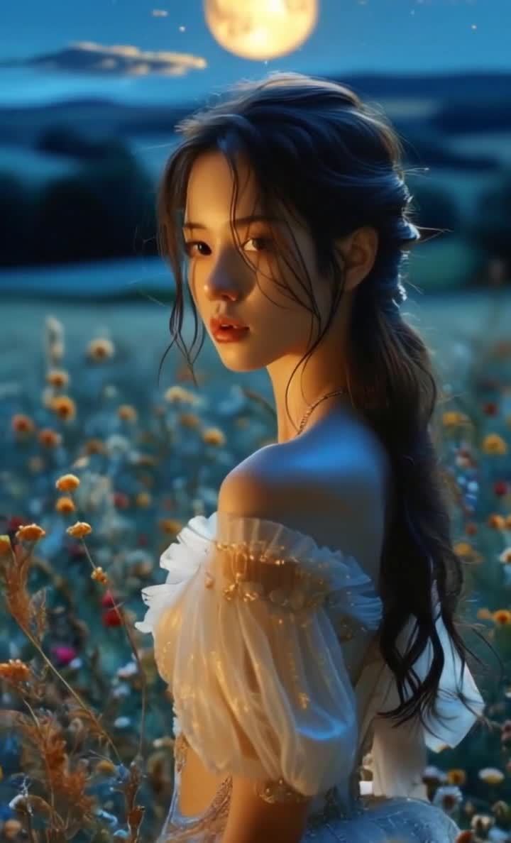 一名年轻女子站在花田里，她穿着一件带有金色装饰的白