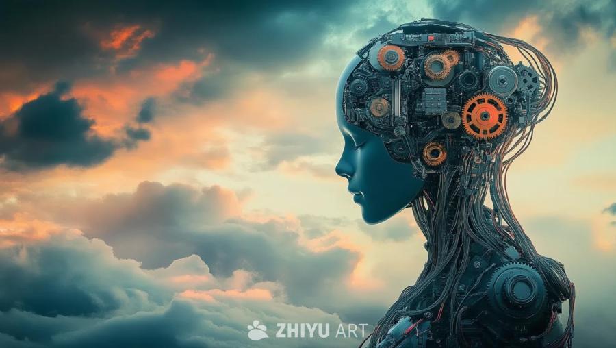 人体的仿生机械与机器齿轮和电线融合，位于多云景观之