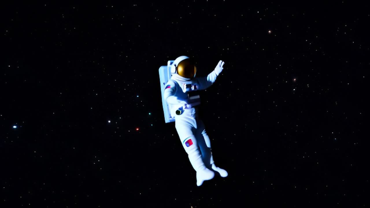 一个宇航员在太空中跳舞，他穿着白色的宇航服，配有金