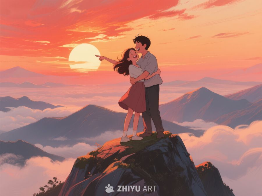山顶情侣共赏日落美景 625