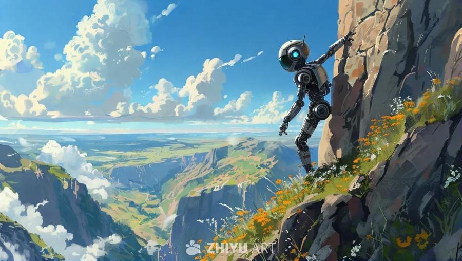 一个机器人男孩悬挂在山崖上，背景是蓝天白云，以及远