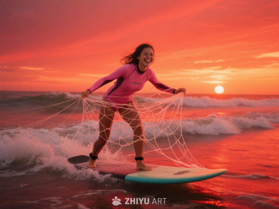夕阳下，女子在海浪中手持渔网 210