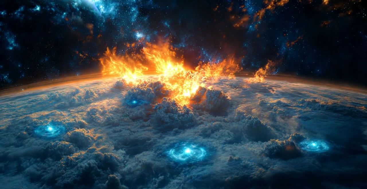 能量旋涡下的燃烧星球末日景象