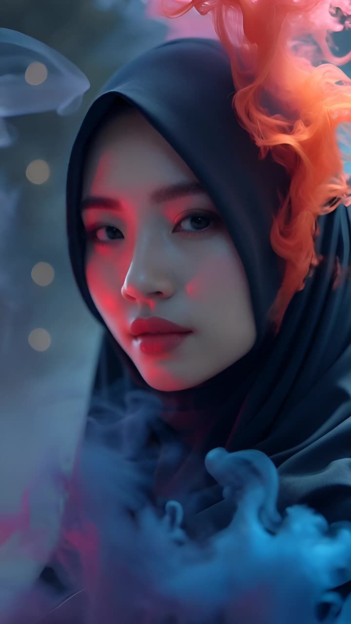 一个女人戴着深色头巾，她周围有颜色鲜艳的烟雾。女人