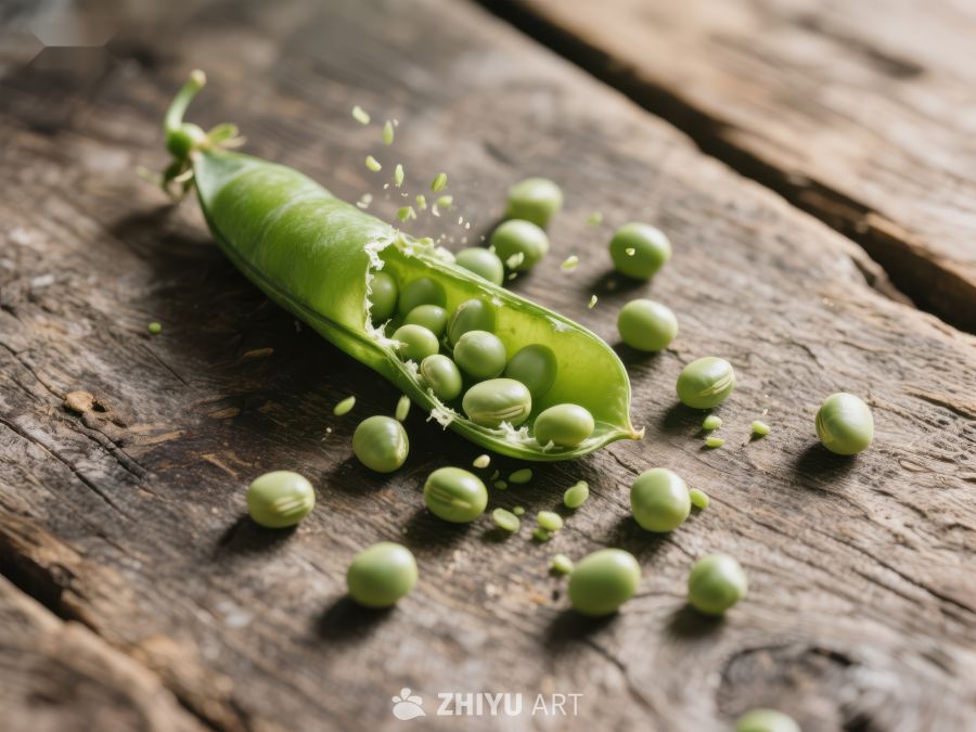 新鲜豌豆荚破裂，豌豆散落木质桌面 533