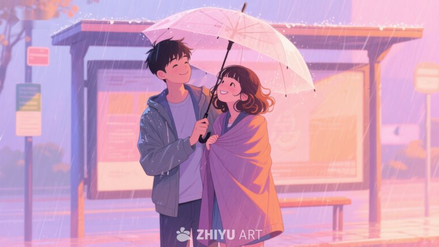 雨中情侣共享伞下温馨时刻 644