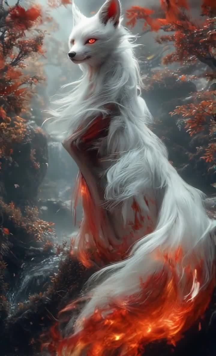白狐伫立森林，红眼火焰尾，水流环绕，意境唯美