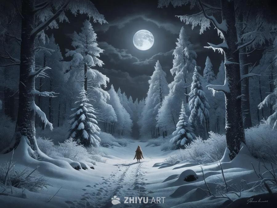 雪覆盖的森林，森林中覆盖着厚厚的、未触及的积雪。在