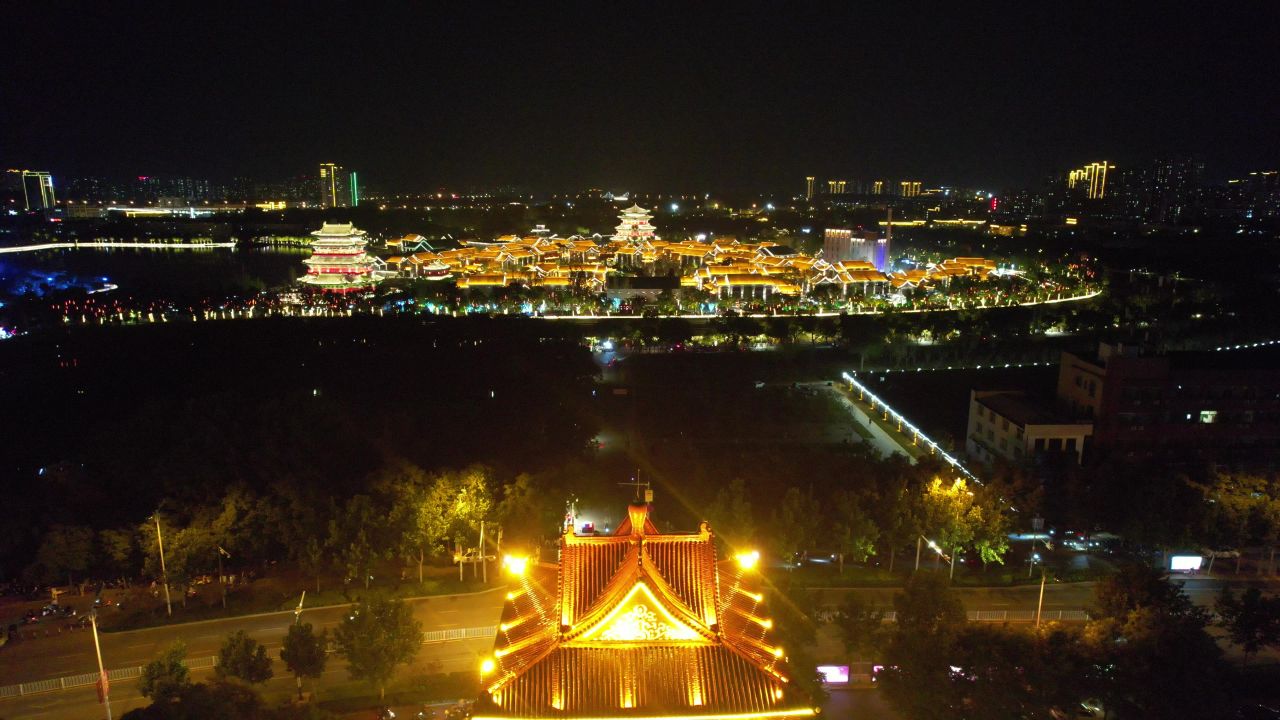 河北沧州城市夜景灯光航拍