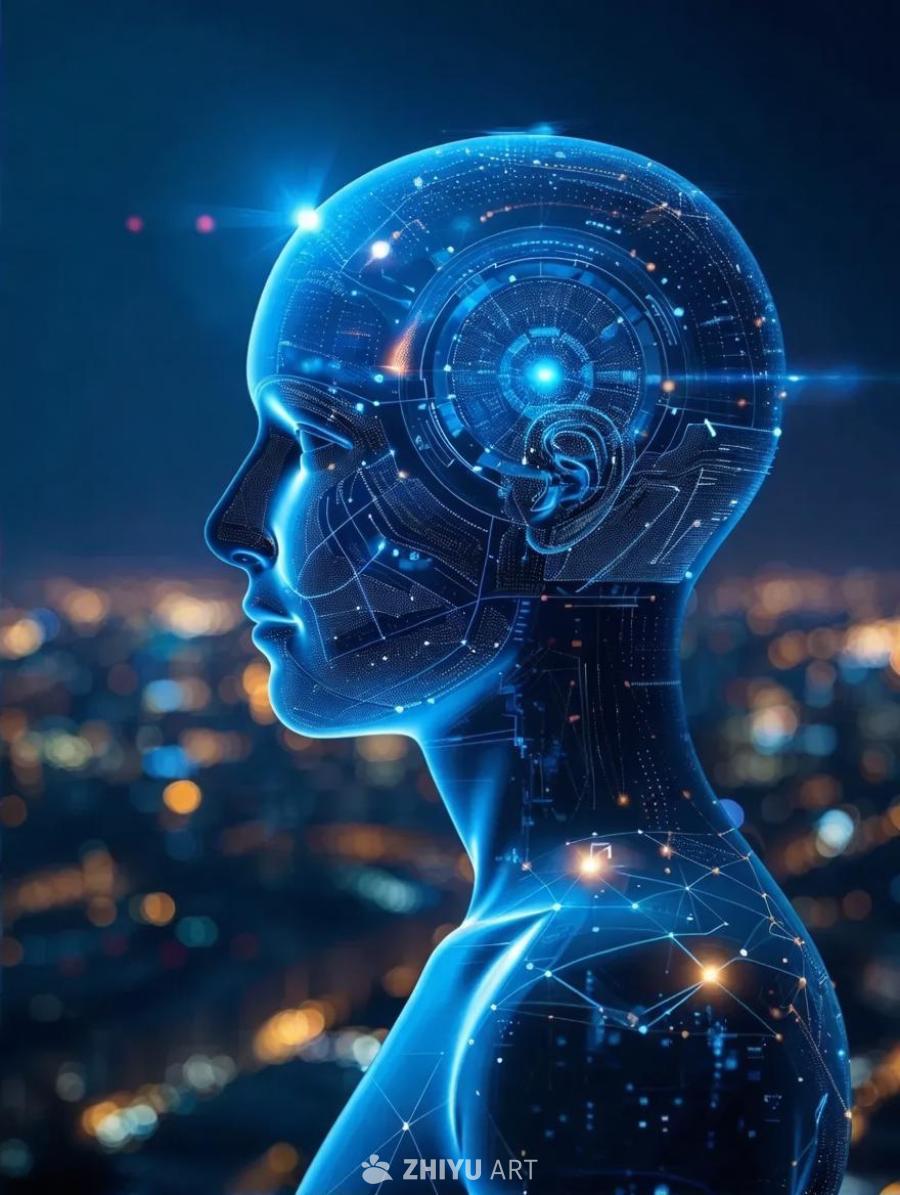 一个蓝色半透明的人体轮廓侧影，面部由复杂电路和发光