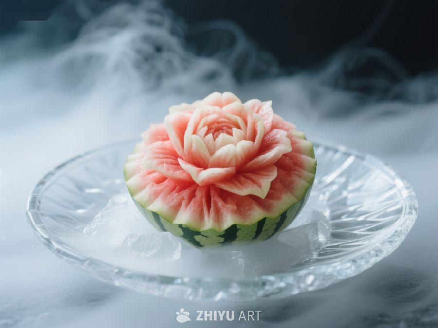 西瓜雕刻成玫瑰花，置于冰盘中 1211