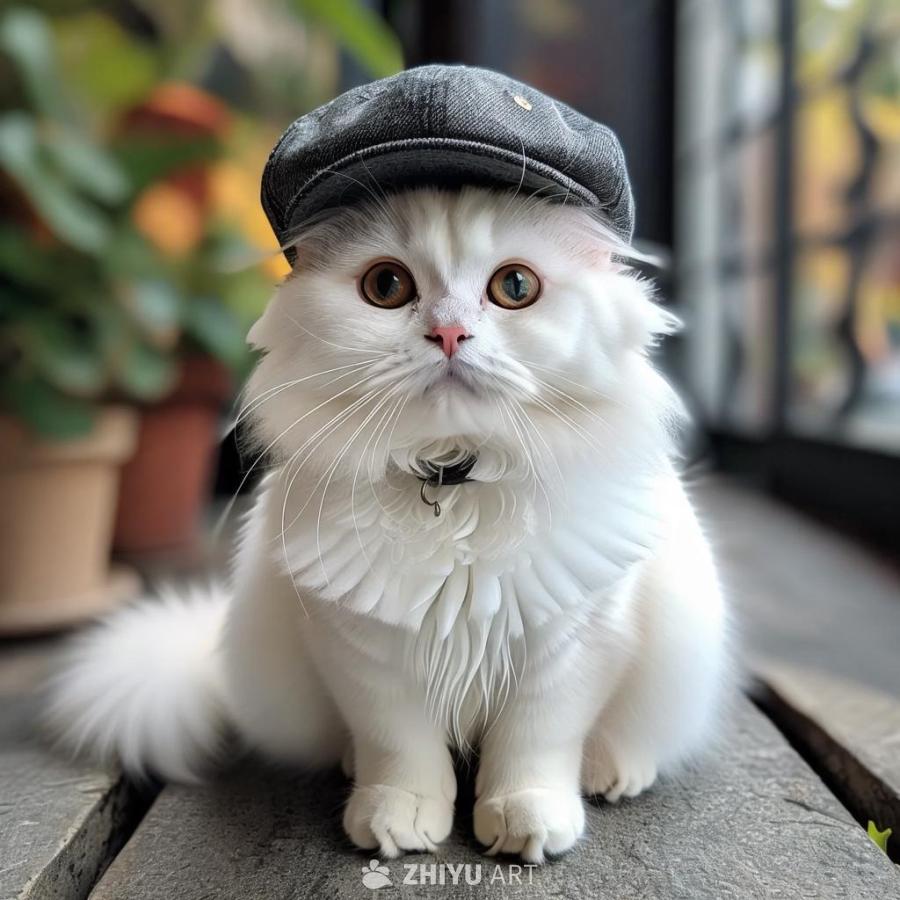 一只全身白色的猫戴着一顶帽子坐在木质表面上。猫的脖