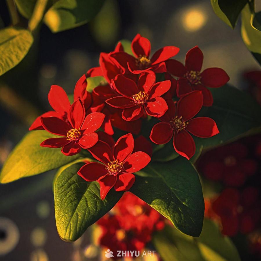 红色花朵是画面的焦点，周围环绕着绿色的植物。花朵完