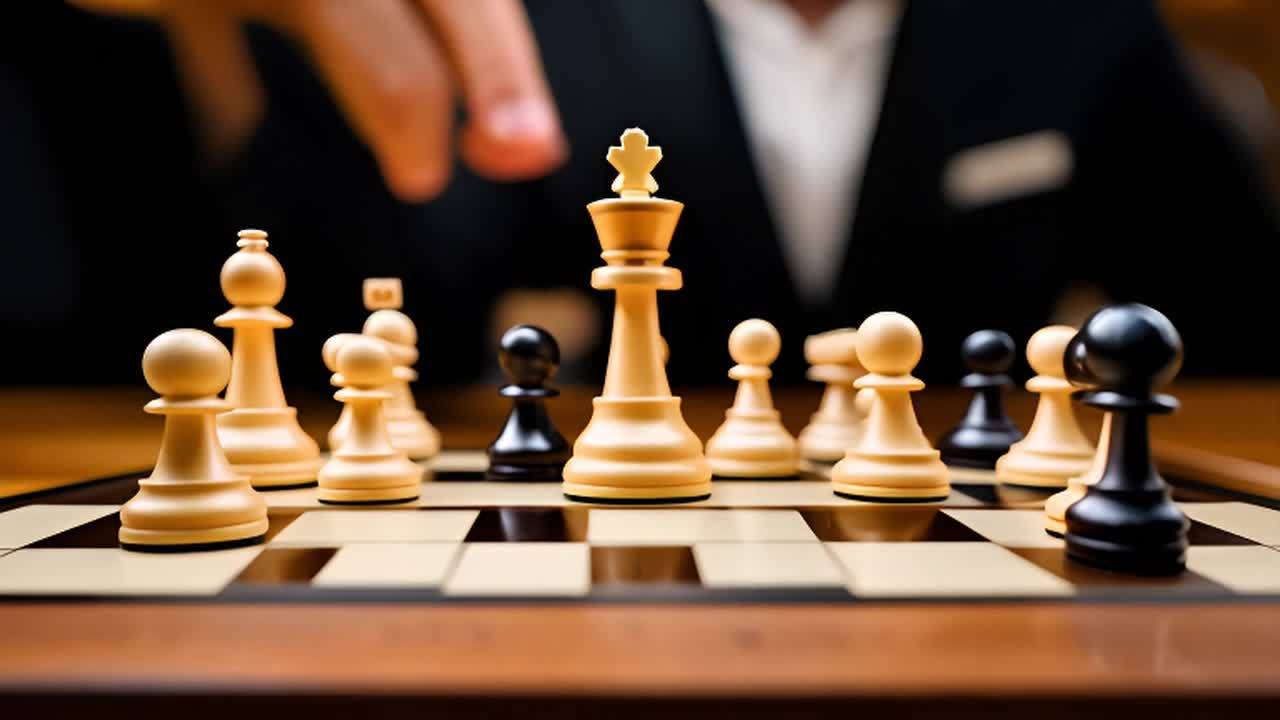 棋盘上摆放着白色的国王、多个白色和黑色的棋子。一个