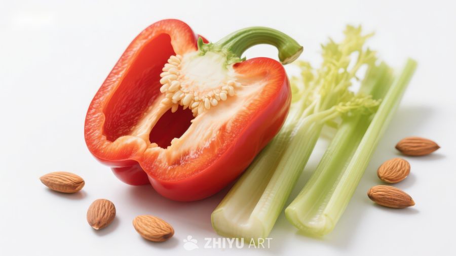 红椒芹菜与杏仁的静物组合