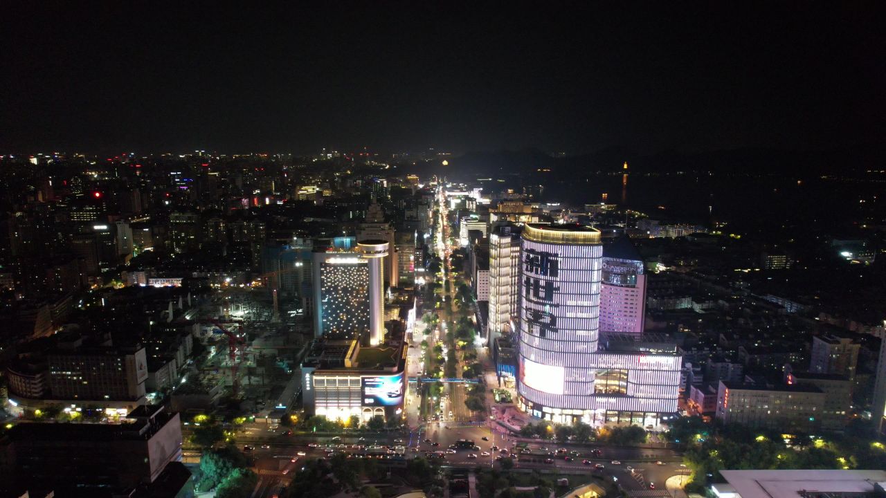 浙江杭州城市夜景交通航拍