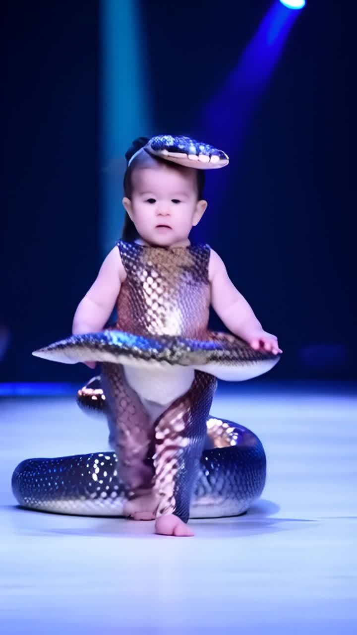 宝宝穿着一条蛇形服装，在舞台上行走。这条服装非常逼