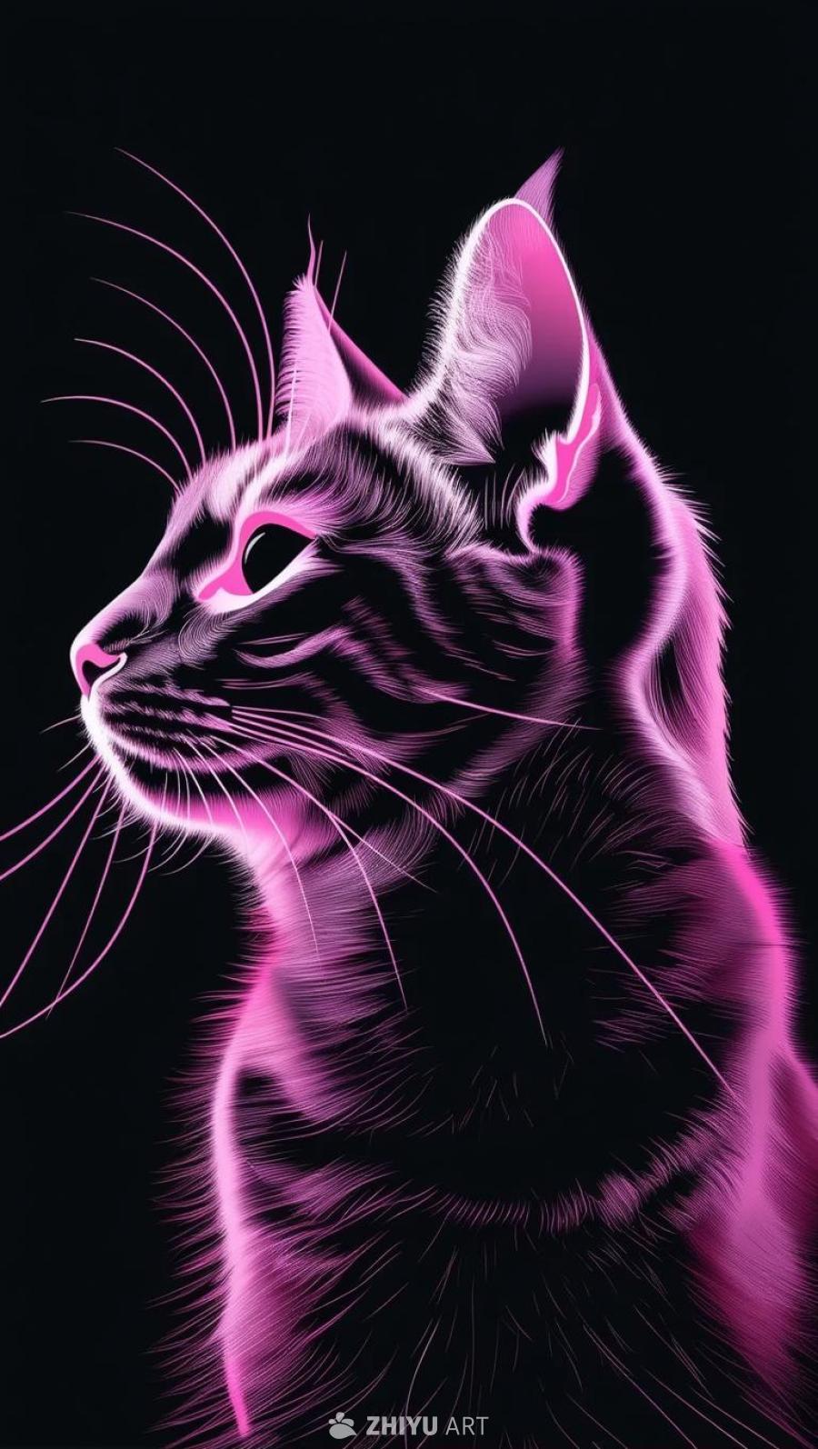 一只猫的轮廓以粉红色线条勾勒，背景为黑色，呈现出一