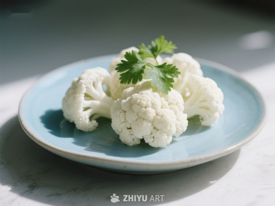 新鲜花椰菜配香菜置于浅蓝盘中 432