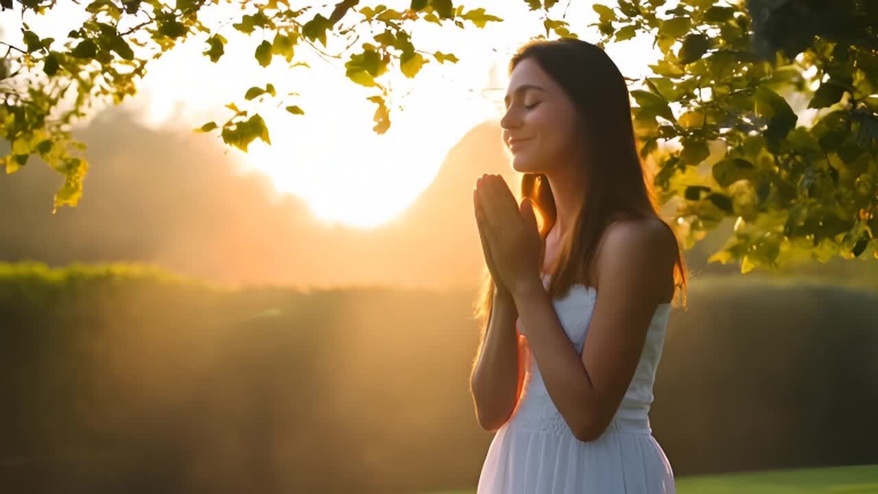 一个年轻女子在日出时跪在安静的花园里，双手合十祈祷