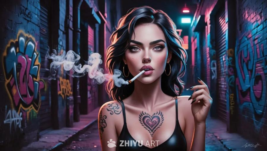 年轻女子肩膀上有一个心形纹身，她正在抽烟。女子身处