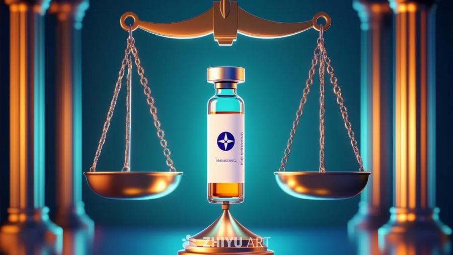 一个金色的天平，一侧放着疫苗瓶，疫苗瓶上带有辉瑞的
