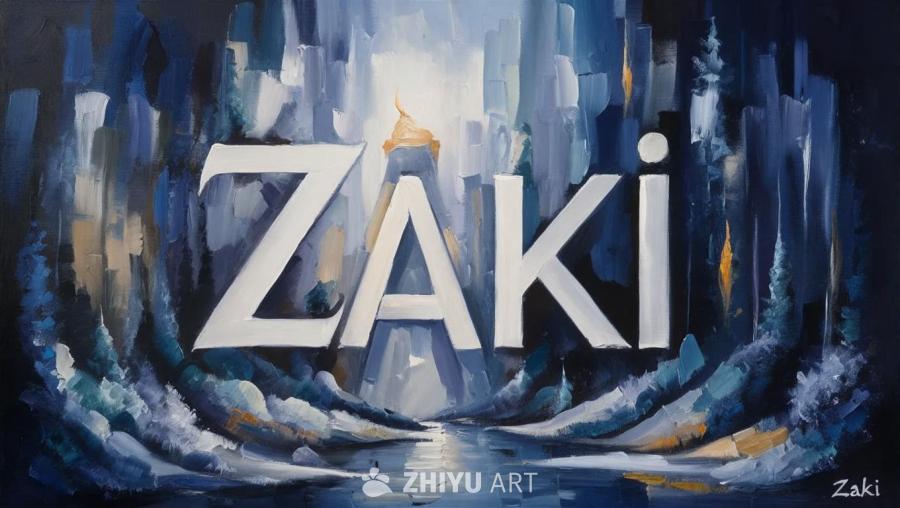 画作上写着“Zaki”字样，背景是蓝色的城市景观。