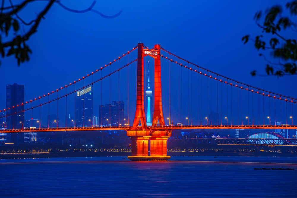 武汉鹦鹉洲大桥和龟山电视塔同框夜景